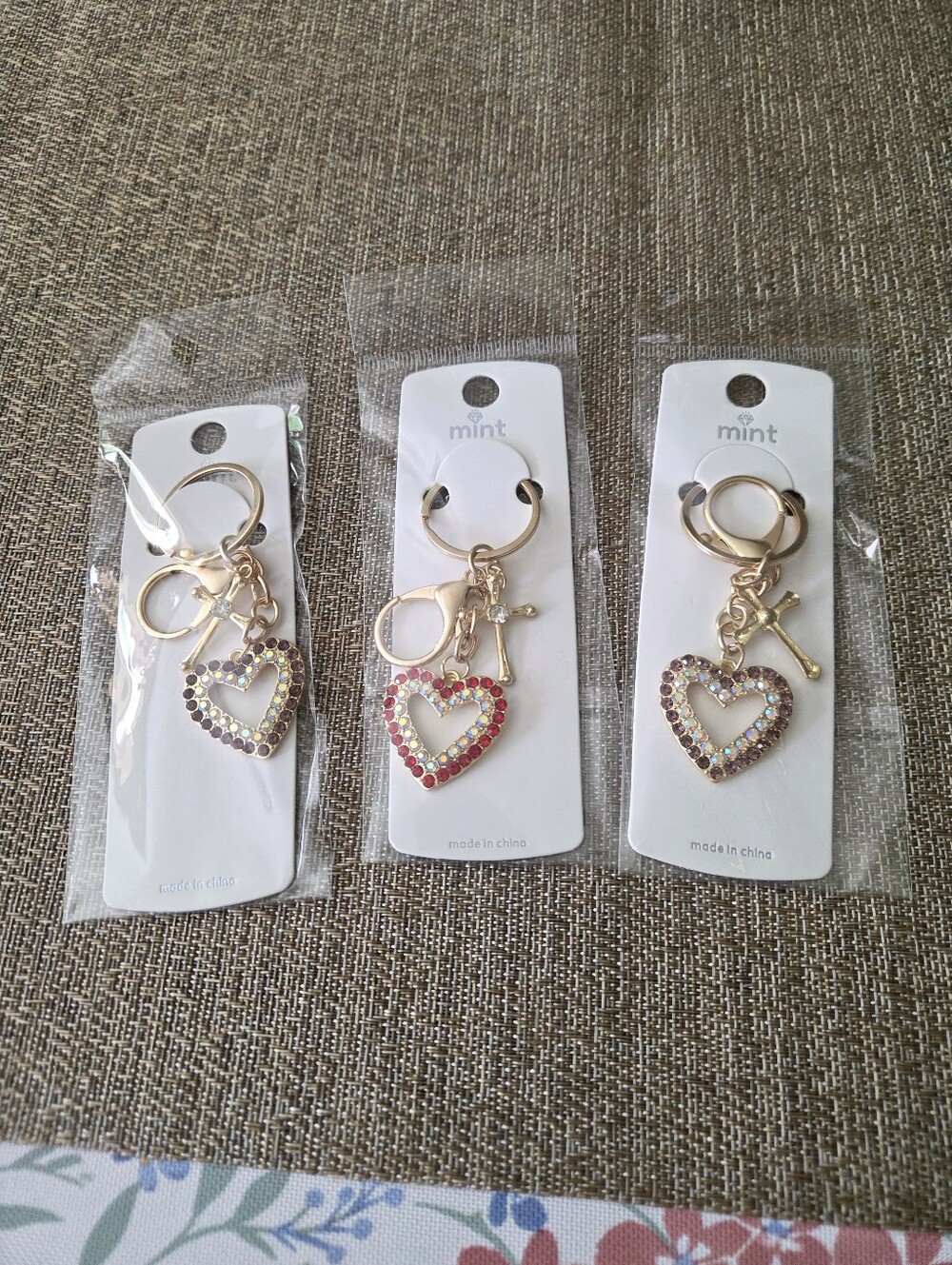 Mint Gold Heart Rhinestone Keychain - Set Of Three